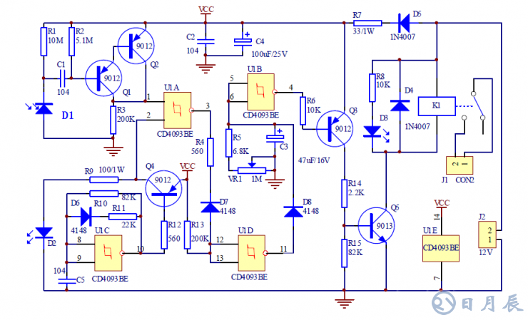 紅外接近開關(guān)電路 本例紅外接近開關(guān)電路是通過檢測發(fā)射的紅外線信號是否被發(fā)射來判斷前方是否有物體，從而控制繼電器的開關(guān)動作來控制其它電路（本例省略）。.png
