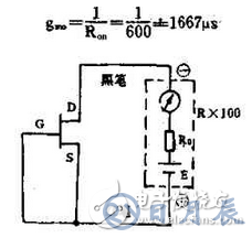 　萬用電表置R×1k檔，然后反復(fù)測試管子的三個電極，只要其中兩腳的正、反向測試電阻值相等，約為幾千歐姆時，這兩個極必定是漏、源極。當(dāng)然為了驗證還得確定剩下那只腳是柵極，該腳對漏、源極中任一腳的正、反向電阻應(yīng)是不一樣大的（PN結(jié)），若—樣，說明該管是壞的。