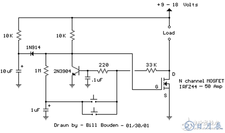 當(dāng)開關(guān)按下時(shí)，1uF電容被連接到220歐姆和33K電阻連接點(diǎn)，NPN晶體管截止，場效應(yīng)管導(dǎo)通開啟負(fù)載。釋放按鈕后，1uF電容通過1M電阻充電。第二次按下開關(guān)，1uF電容充電后的電壓被加載到NPN晶體管基極，晶體管導(dǎo)通，場效應(yīng)管關(guān)閉，負(fù)載斷電。